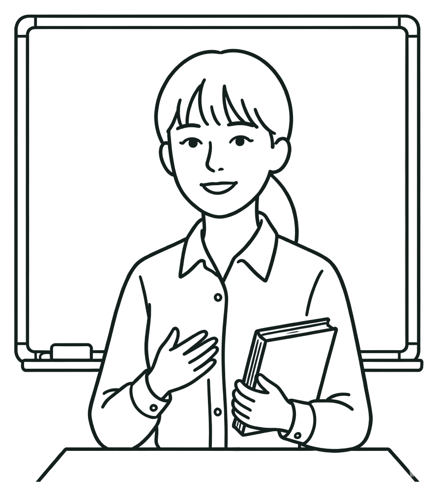 赵若含的黑白线描形象:站在白板前授课