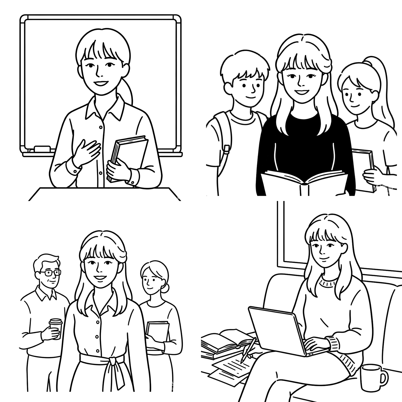 赵若含的线描形象四格:课堂授课、与学生在一起、与同事相处,以及随性的研究日常